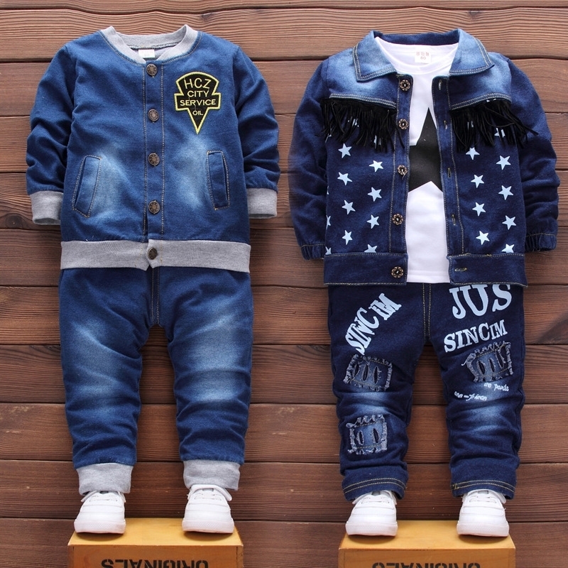 new two-piece casual letter printed Baby boy clothes denim cardigan suit LJ201023