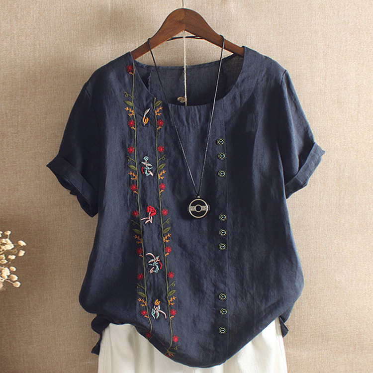 plus size 5xl Summer Kawaii Embroidery of cotton and linen flowers T Shirts Women o neck Short Sleeve Tops Tees Casual Female