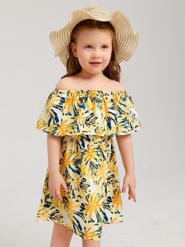 Toddler Girls Tropical Print Off Shoulder Ruffle Trim Dress SHE