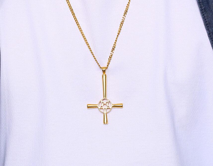 Silver Gold Black Mens Inverted Pentagram Cross Necklace Stainless Steel Upside Down Lucifer Satan Satanic Symbol Pendant Chain 24''