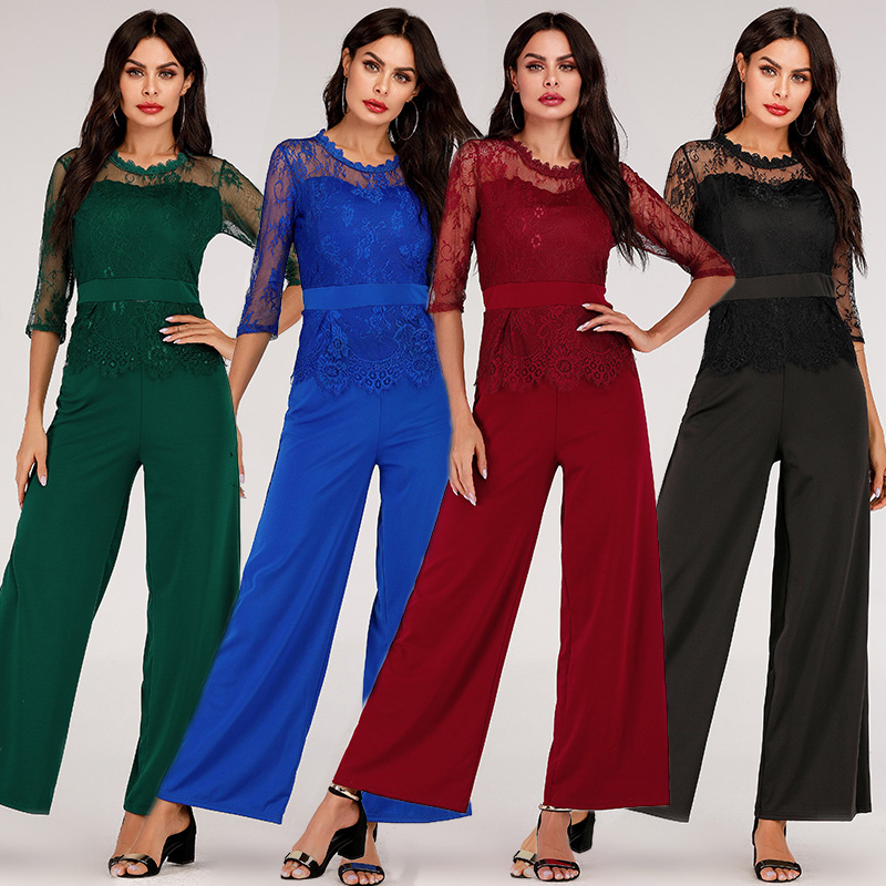 Lace Jumpsuit Women Rompers 2019 Summer Elegant Ladies Office Work Wear overalls for Women Wide Leg Playsuit Tracksuit Long Pant T200107