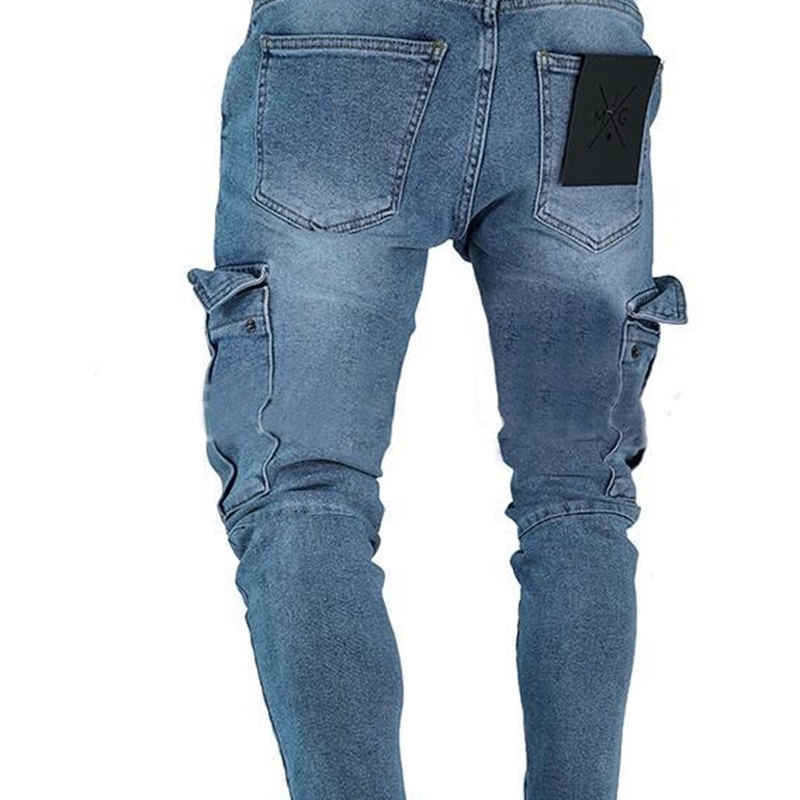 Mens Skinny Trend Knee Hole Zipper Pocket Denim Biker Hip Hop Distressed Slim Elastic Washed Jeans 201116wtt
