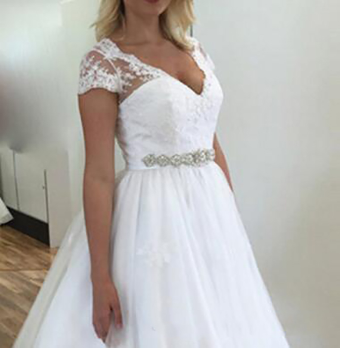 Vintage Lace 50S Wedding Dresses Short Sleeve V Neck Beaded Belt A Line Tea Length Bridal Gowns Custom Size 0431