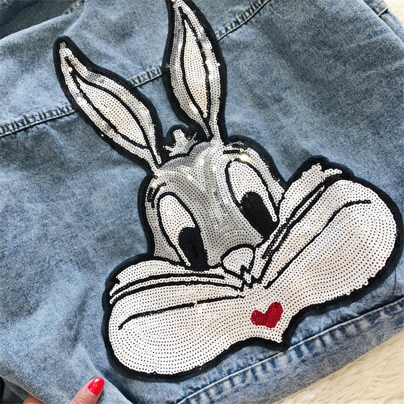 GCAROL Cartoon Sequined Oversized Denim Jacket Bling Bling Loose Preppy Style Embroidered Short Coat Character Outfits 4 season 201017