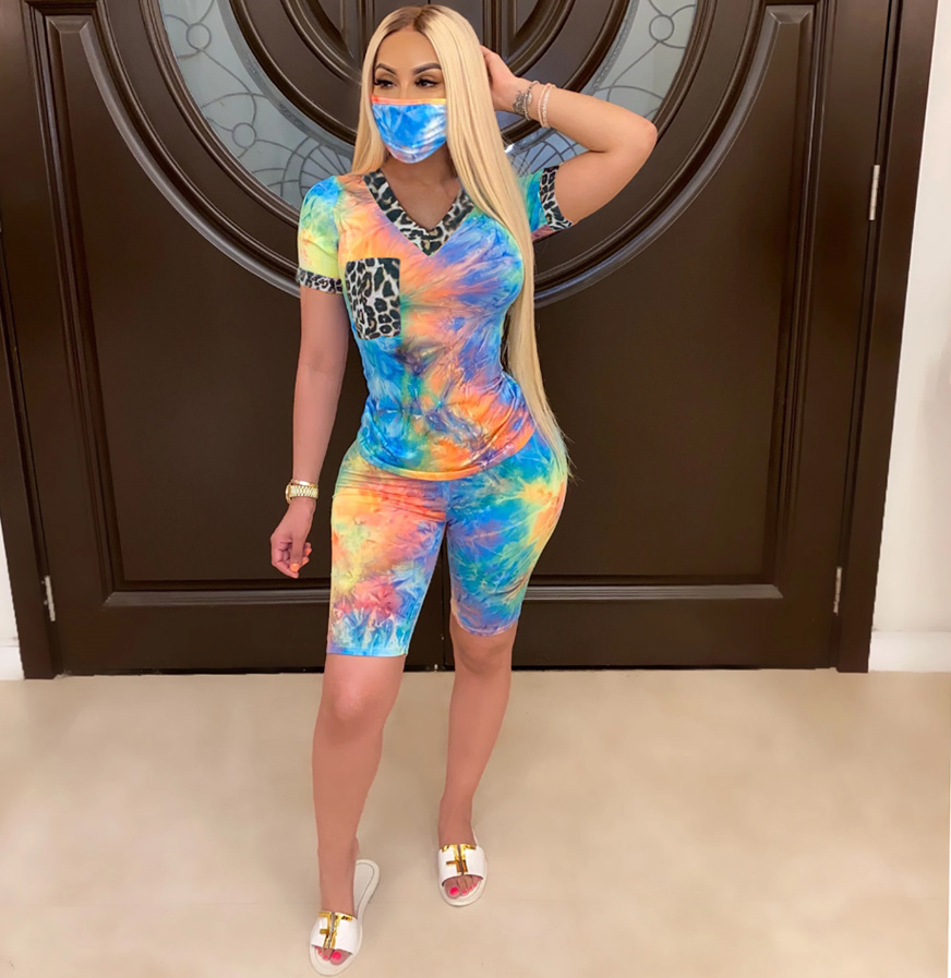 Tracksuits European and American women's tie-dye sweetheart neckline casual fashion home sports shorts suit (including mask)