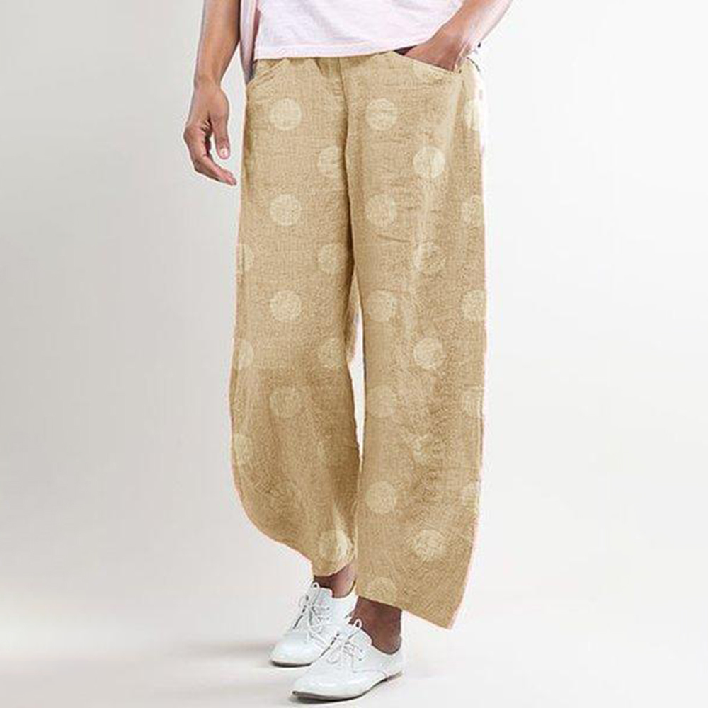 CYSINCOS Summer Vintage Dot Printed Pants Trousers Women Cotton Linen Wide Pants Elastic Waist Loose Pantalon Plus Size Pant 201111
