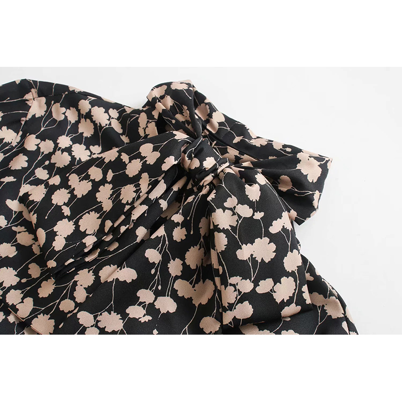 Za women dress elegant floral print mid calf stylish dress long sleeve bow tie Aline dresses female vintage slim vestidos T200320