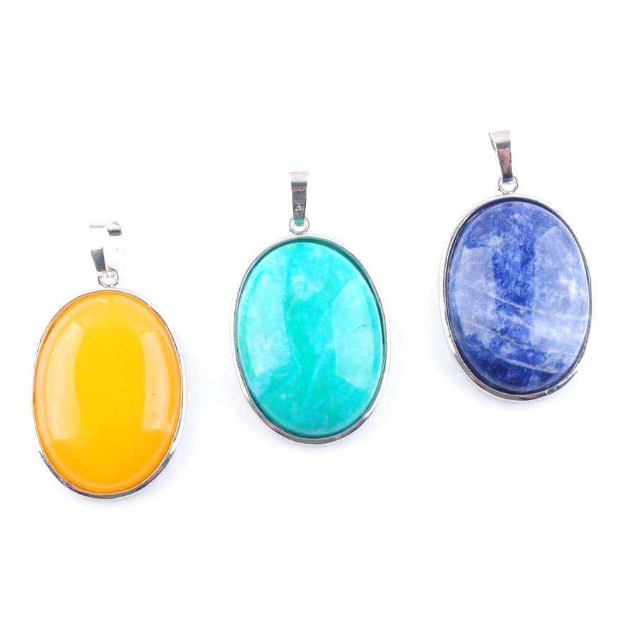 WOJIAER Natural Blue-veins stone Jade Gem Stone Pendant Oval Bead Silver Plated Healing Reiki Chakra for Necklace Jewelry BN377