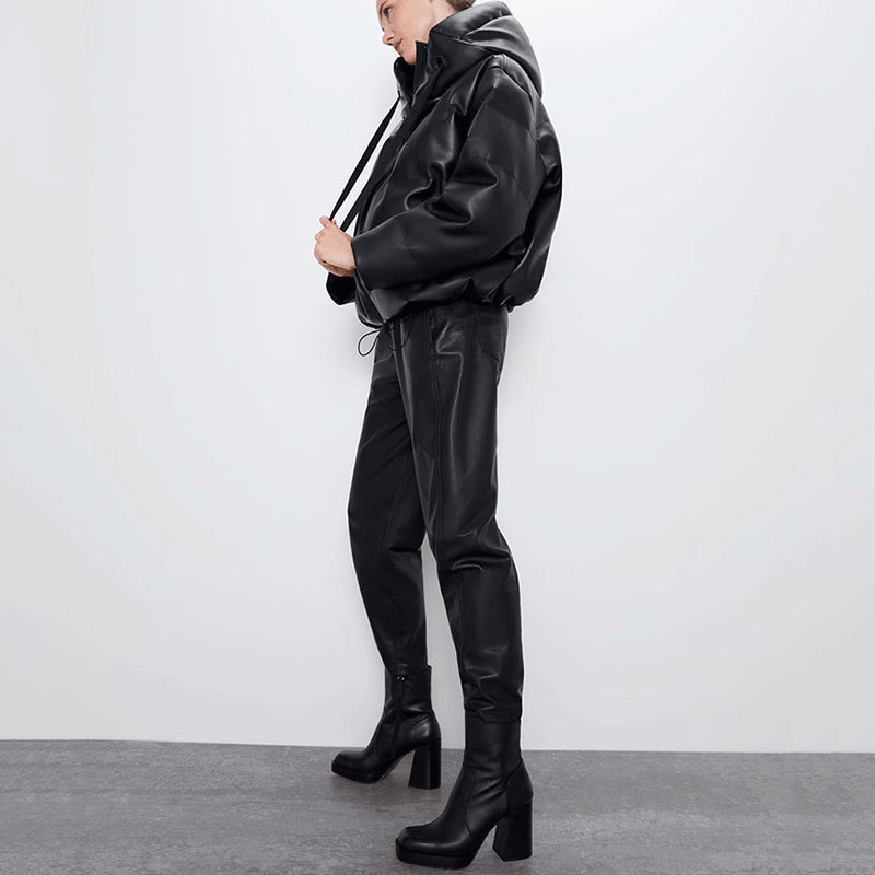 AORRYVLA Women's Winter Jacket Black Hooded PU Leather Coats Short Length Zipper Famale Casual Cotton Parkas 201020