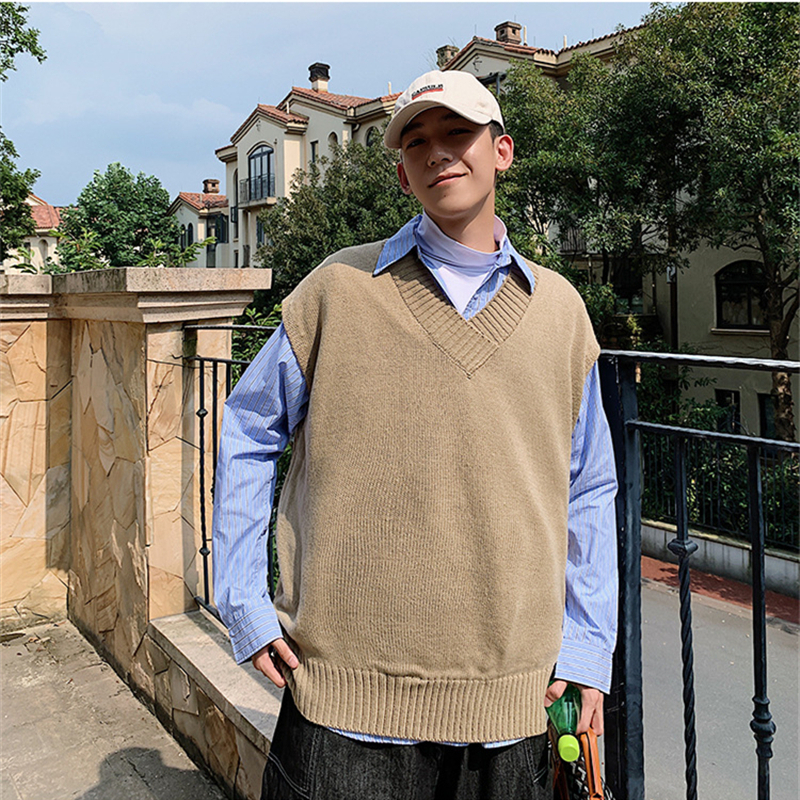 New Men Clothes Sweater male ins Korean style vneck jacket Solid Casual student Beige khaki Loose sleeveless sweater vest men 201125