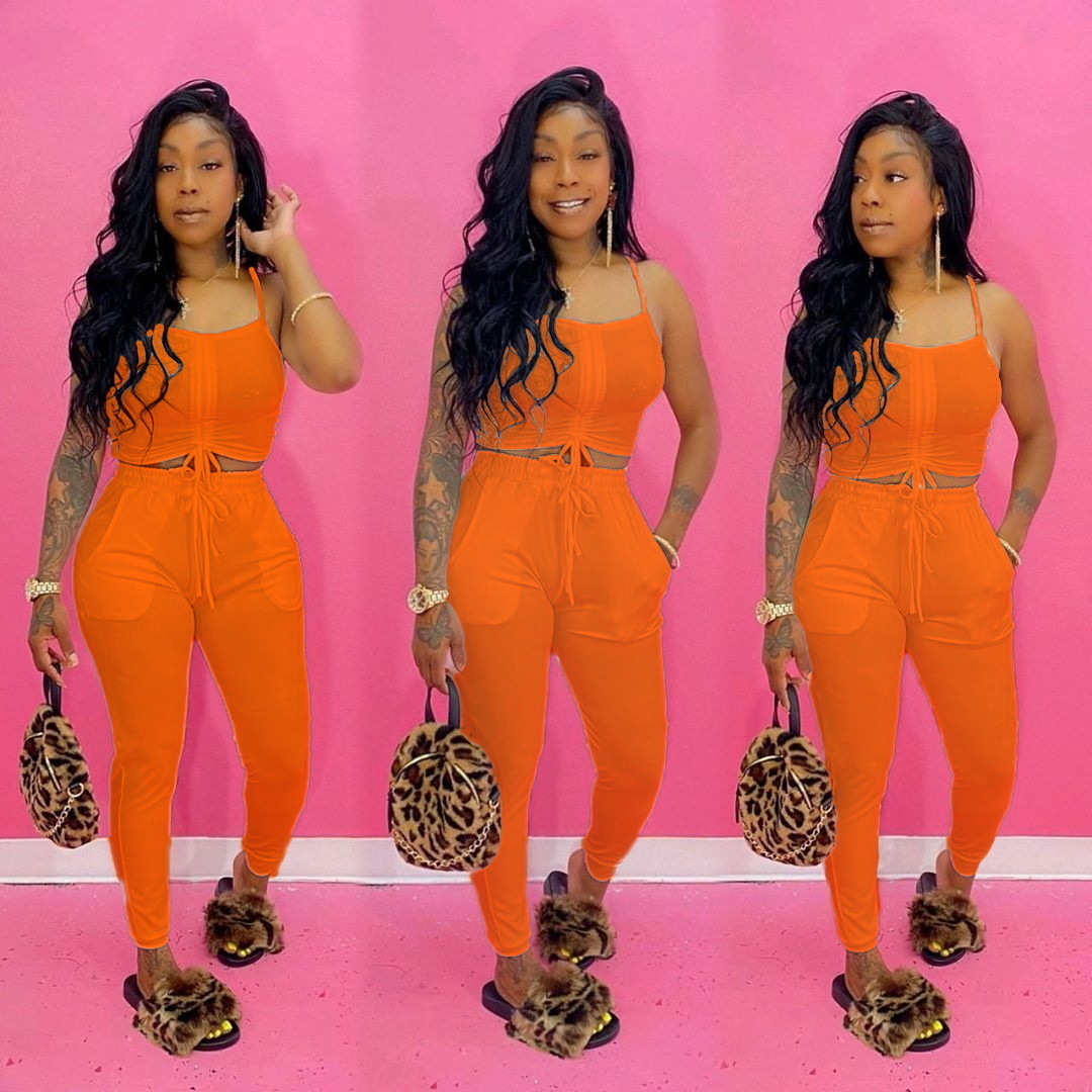 womens 2 piece short sets tracksuits 2023 Summer new suspender navel with pocket casual vest trousers Suit fashion summer style