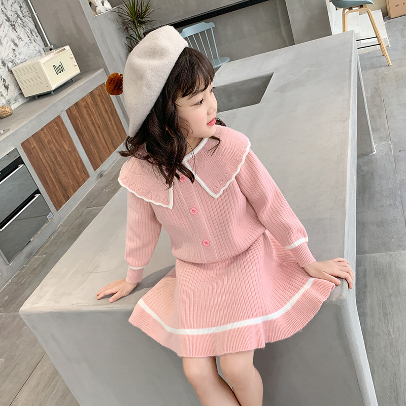 Winter girls doll collar sweater 2 pcs suit 2020 winter baby girl clothes children's sweater for girls autumn suitX1019