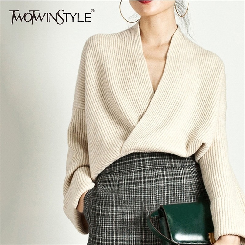 TWOTWINSTYLE Elegant Knitting Sweater Women Long Sleeve V Neck Pullover Tops Female Casual Fashion Knitwear Autumn Tide 201221