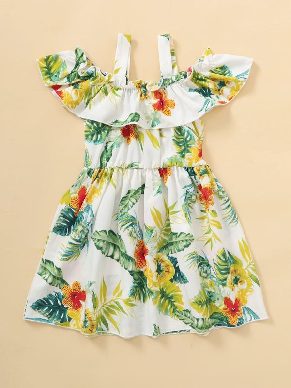 Toddler Girls Tropical Print Cold Shoulder Ruffle Trim Dress SHE