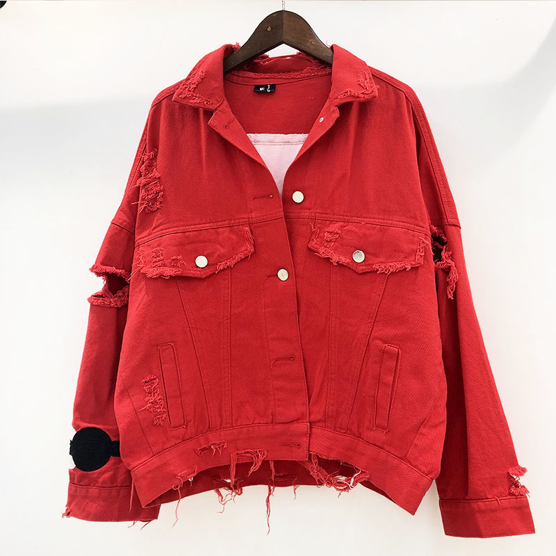 DEAT 2019 Red Black Denim Jacket Cotton Loose Free Size Coat Autumn Big Size Hole Jacket Women Sequin Denim Jacket MF746 T200111