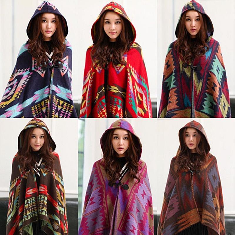 Stylish Women Boho ethnic printed Hoodie Cape Poncho Acrylic Wool Shawl Scarf Fashion Girls Sweater Fringe Hooded Wraps
