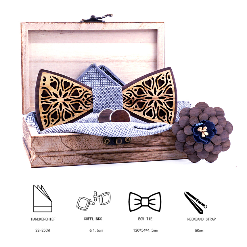Double layer Wooden Bow Tie Men's Silver grey Wood Bowtie Cufflinks Set Business CuffLinks for Wedding corbatas para hombre 201028