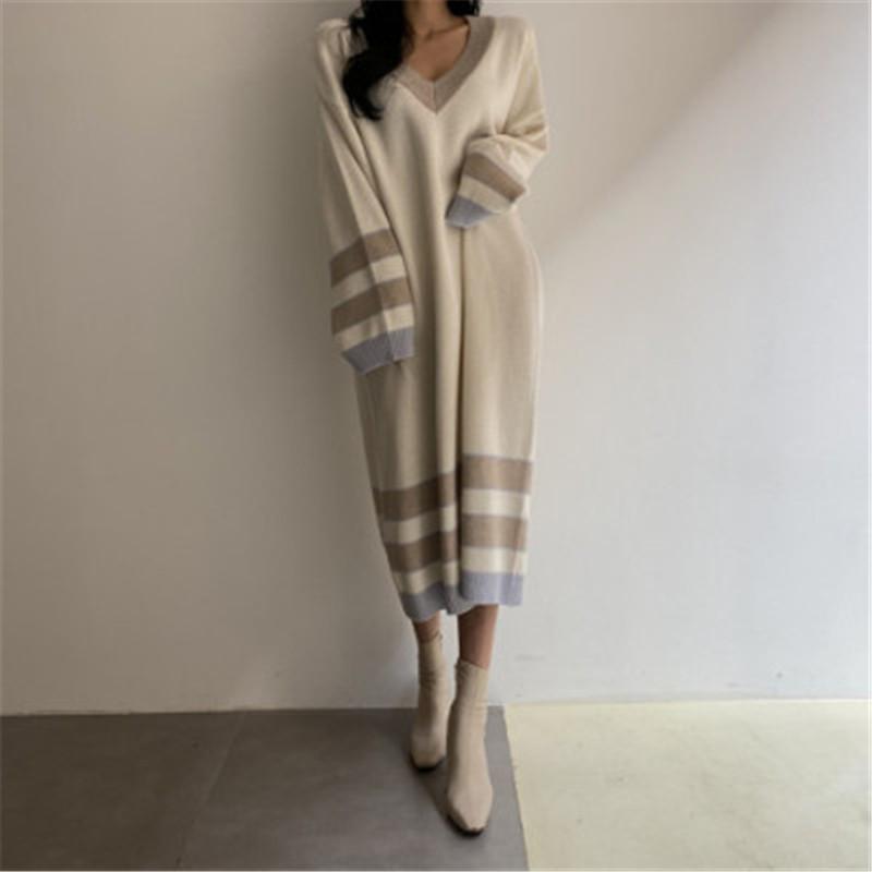 Vintage Sweater Dress for Women Korean Style Casual V-neck Hit Color Striped Long Sleeve Oversized Mid-calf Vestido Winter Cloth, Beige
Vintage Sweater Dress for Women Korean Style Casual V-neck Hit Color Striped Long Sleeve Oversized Mid-calf Vestido Winter Cloth, Beige
