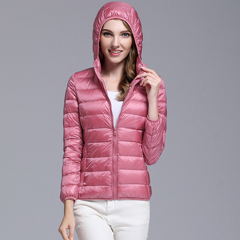 Spring Autumn Womens Jackets Ultra Thin Super Light Fashion Ladies Down Coats Red Pink Black Female Hooded Jacket Coats 4XL 201007