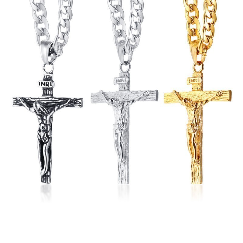 Vnox Crucifix Jesus Cross Necklace for Men Stainless Steel Cuban Chain 20"-24" Male Prayer Jewelry 201014