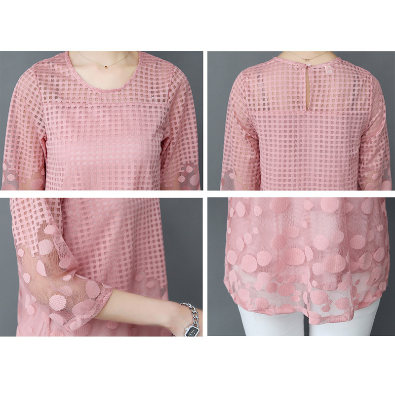 Womens Blouse Shirt 3/4 Sleeve Mesh Hollow Out Loose Blouses Gray Ladies Tops Blusas Plus Size Shirts 2019 New T200321