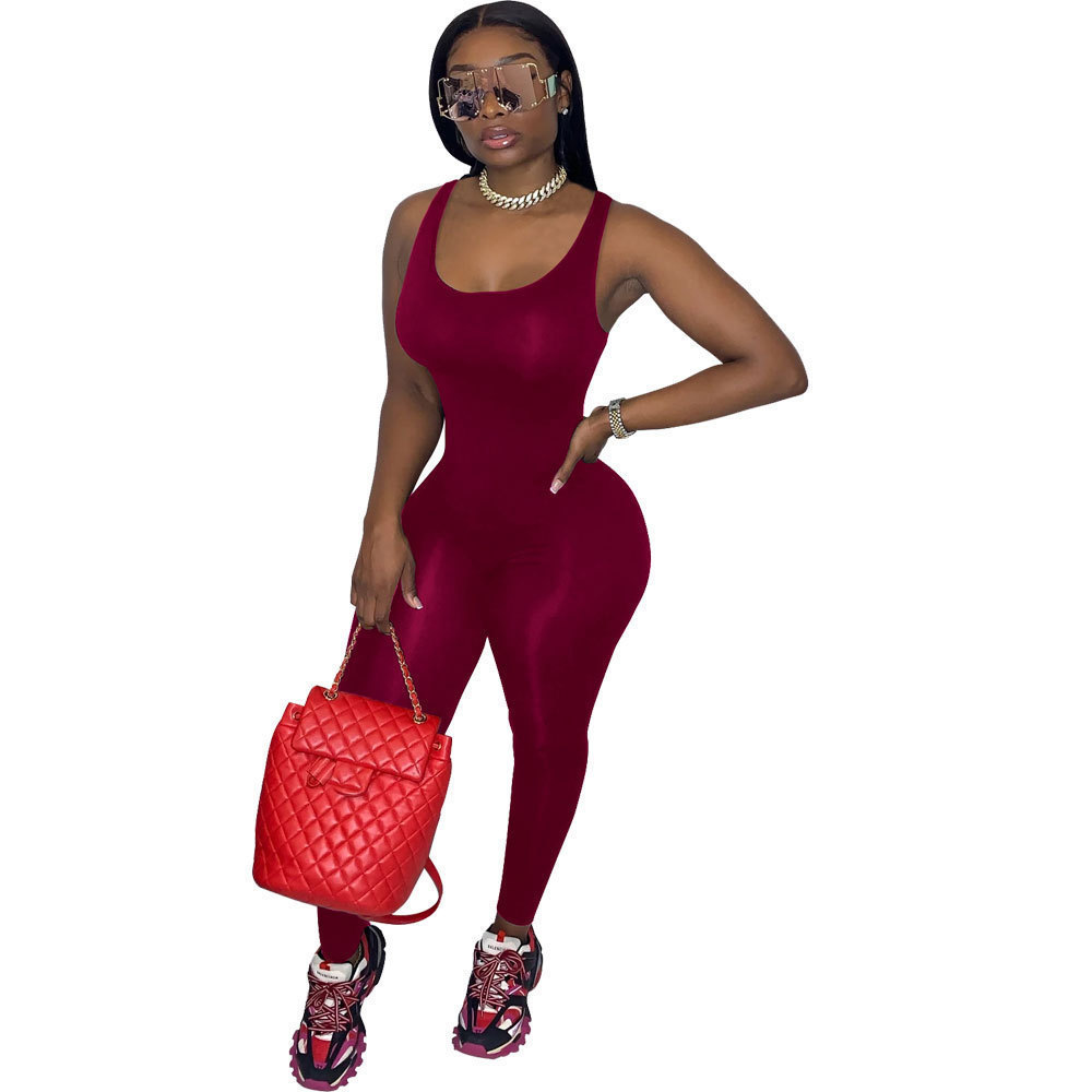 Designer style 2023 Women Fashion bodycon Jumpsuit U-neck multi color elastic sleeveless trousers Solid Slim Rompers jumpsuits