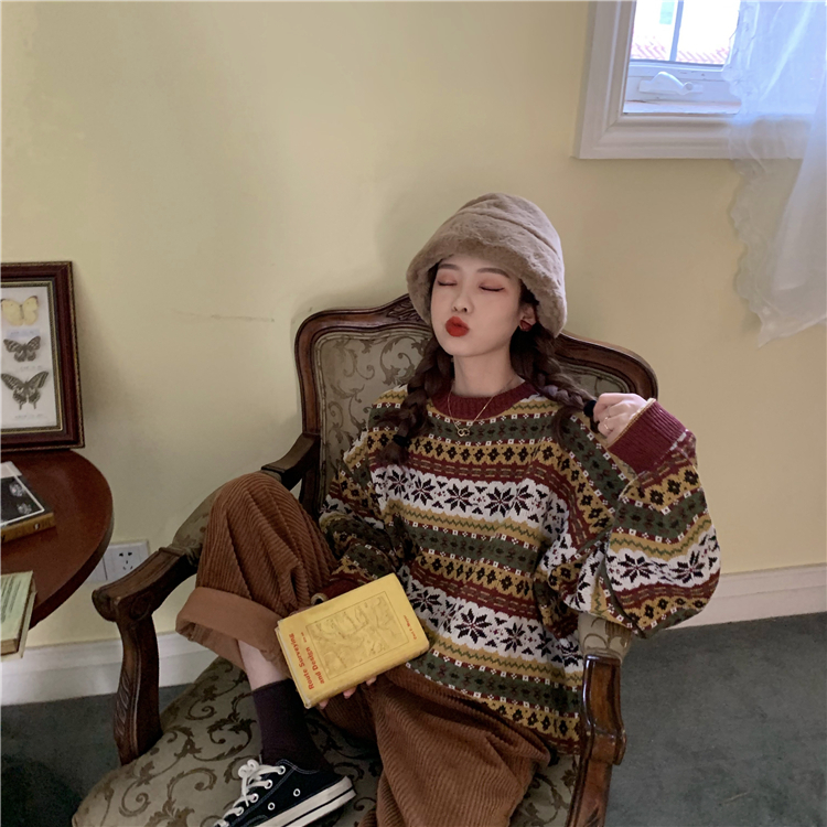 Splicing color women's sweater loose thick Harajuku clothing women's long sleeve retro knitted sweater pullover fall women 201223