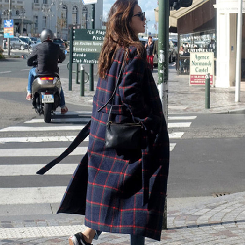 High Quality Winter Wool Blends Coat Belt Female Long Houndstooth Over The Knee Woolen Overcoat paszcz damski manteau femme 201223
