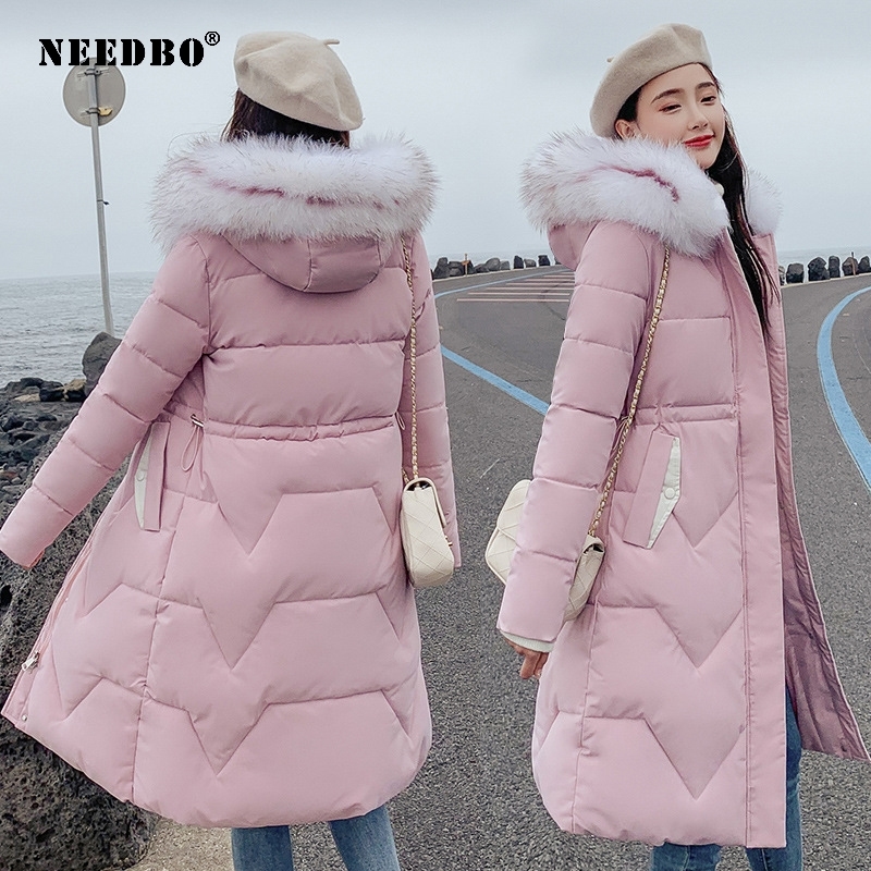 NEEDBO Winter Jacket Women Fur Collar Long Parka Casual Slim Woman Winter Coats and Puffer Jacket Padded Outwear Long Coat Women 201017