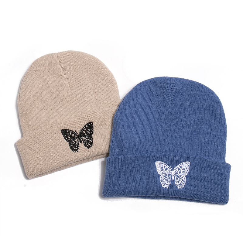 Autumn Casual Black Beanies Hats For Women Men Butterfly Embroidery Winter Cap Warm Knitted Hip Hop Beanie Hat