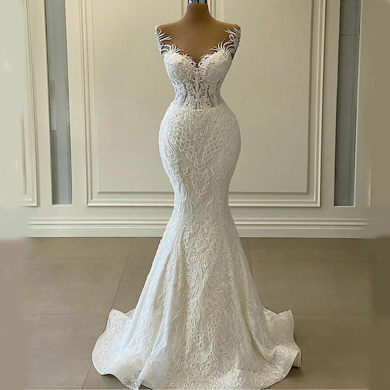 Mermaid Wedding Dresses with Detachable Train Lace Appliqued Sweetheart Country Bridal Gowns Sweep Train Ruffles Robe De Mariage