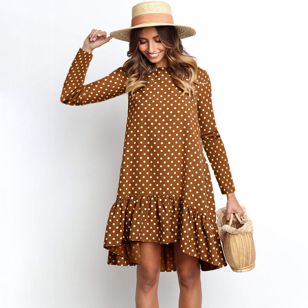 Autumn Winter Chiffon Dress Long Sleeve Casual Loose Dot Hem Ruffle Dresses For Women Fashion Fall Clothes For Women 201126
