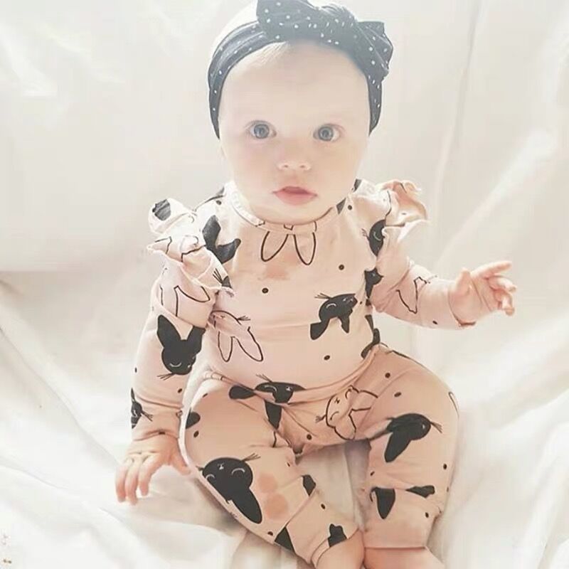 Newborn Baby Girls Romper Cartoon Rabbit Pattern Cotton Long Sleeve Jumpsuit+Headband Infant 2Pcs Toddler Clothes Set 201028