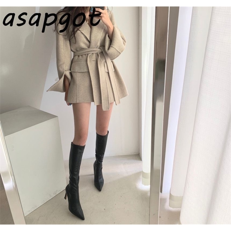 Elegant Temperament Waist Lace Up Slim Vintage Casual Woolen Loose Casual Thick Lapel Long Sleeve Jackets Women Winter Coat Belt 201112