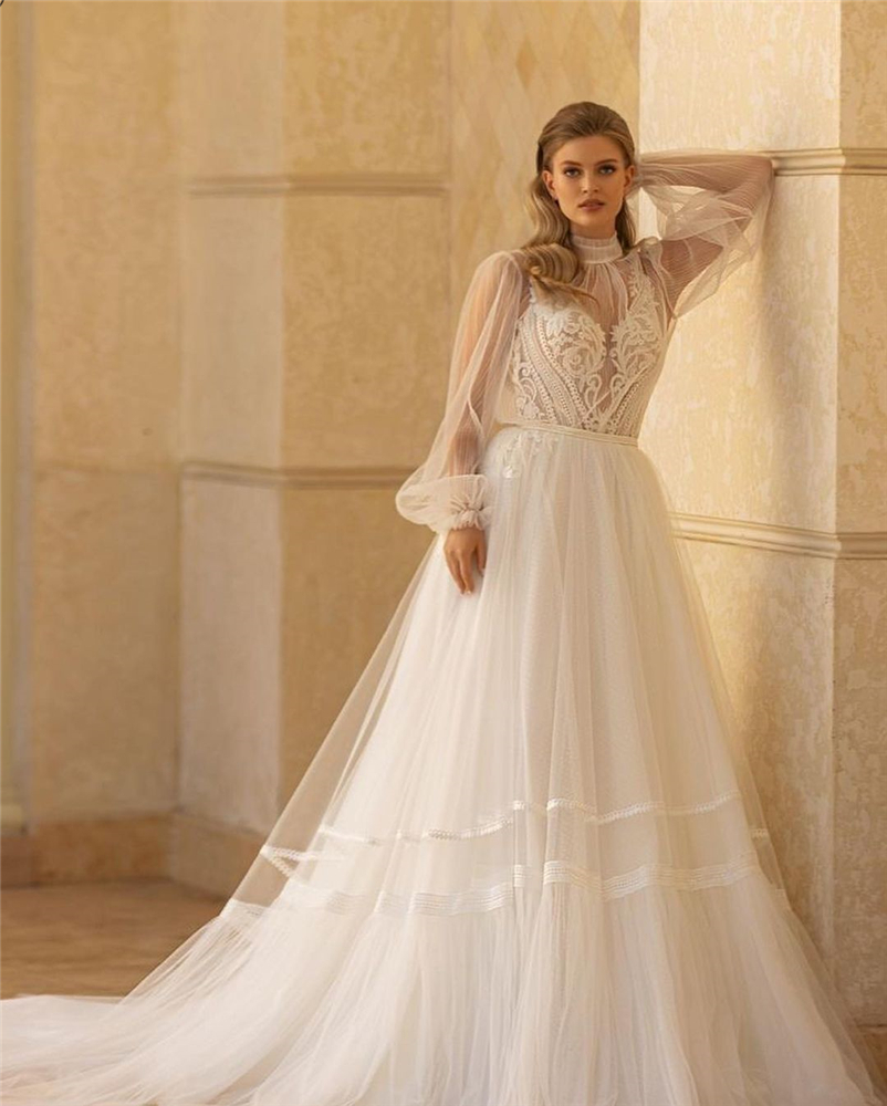 Newest A Line Wedding Dresses Long Sleeves High Neck Appliqued Lace Princess Bridal Gowns Chic Sweep Train Robes De Marie
