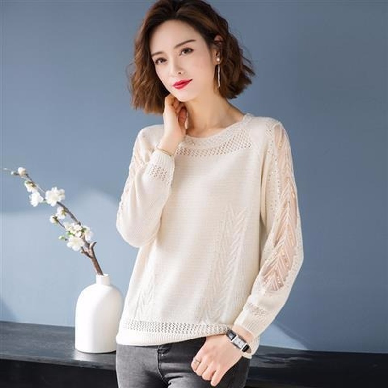Hollow Mesh Gauze Thin Knitted Sweater Female Round Neck Loose Long Sleeve Fashion Long Sleeve Jumpers Women Summer Cool 201223