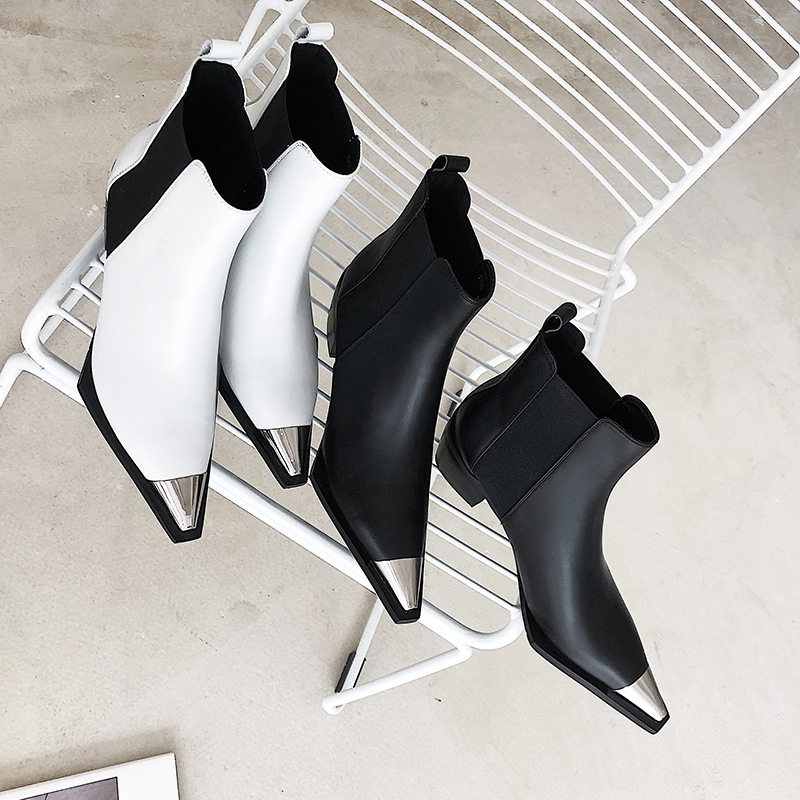 MORAZORA Natural Genuine leather boots women metal pointed toe ladies ankle boots for women square heels spring autumn shoes 201020