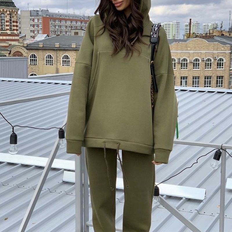Autumn Fleece Sports Pockets Women's Suits Long Sleeve Drawstring Female Hoodies Suit Casual Tracksuit Long Pants Ladies Set 201104