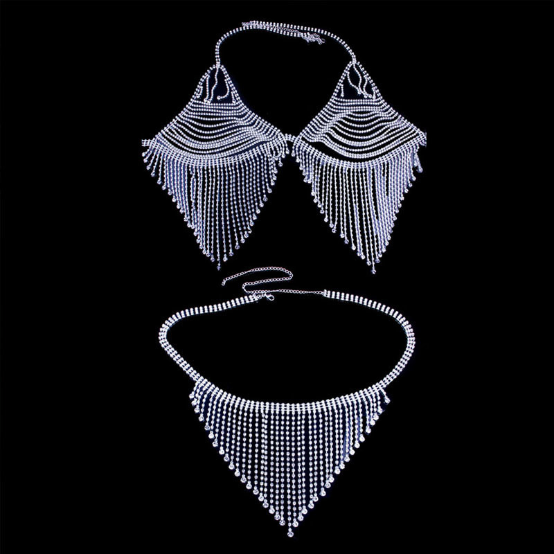 Tassel Crystal Bralette Set Bikini Top Body Chain Bra Necklace for Women Underwear Rhinestone Body Jewelry Sexy Thong Panties T200508