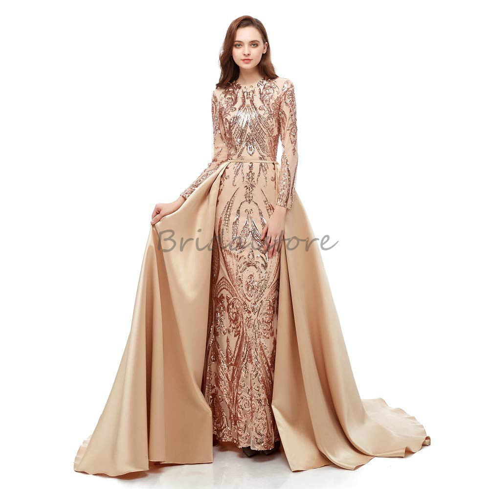 Chi Chi Red Green Mermaid Evening Dresses With Detachable Train O Neck Long Sleeve Sequined Prom Dresses Dubai Muslim Abaya Formal Gown 2021