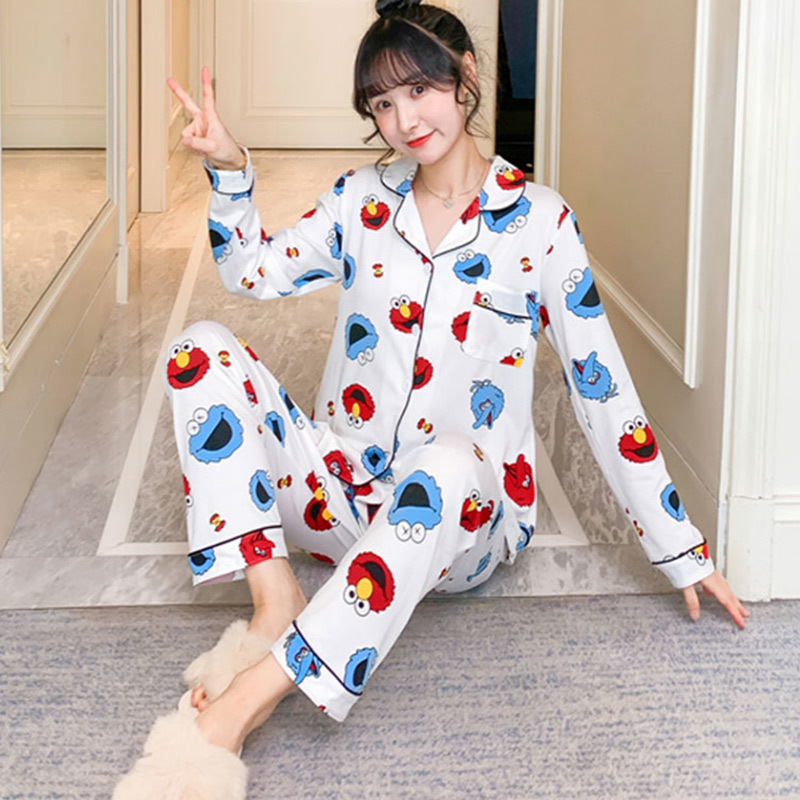 Spring Print Womens Home Wear Pink Long Sleeve Pocket Sweet Pajamas Sets Female Sleepwear Autumn Casual Ladies Home Clothes 201031