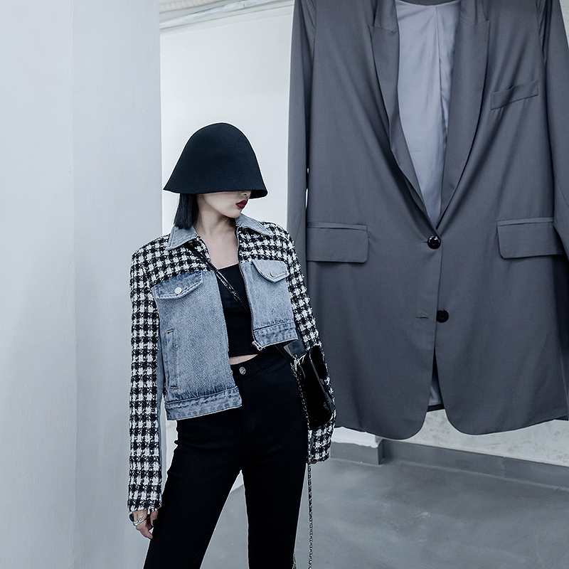 EAM Loose Fit Blak Irregular Tweed Big Size Denim Jacket Lapel Long Sleeve Women Coat Fashion Spring Autumn 1DA924 201029