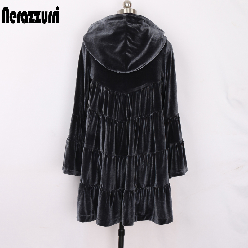 Nerazzurri Oversized velvet trench coat for women with hood flare long sleeve Spring loose clothes for women women fashion 201211