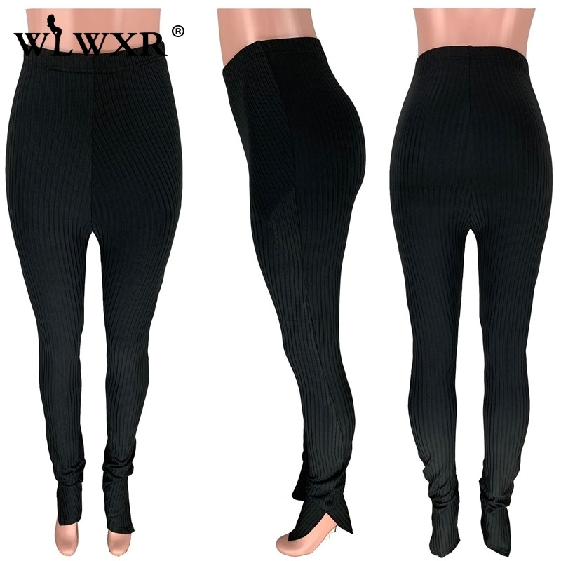 WLWXR Ribbed Knit Sexy Club Bodycon Pants Women Ladies Trousers Black Gery Skinny High Waist Pants Female Wide Leg Flare Pants T200422