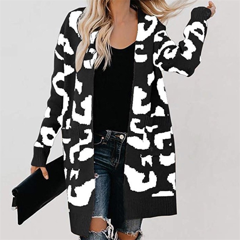 SWQZVT Autumn Winter knitted Sweater Women Fashion Casual Leopard Women Cardigan ladies Winter Clothes outwear knitwear 201225