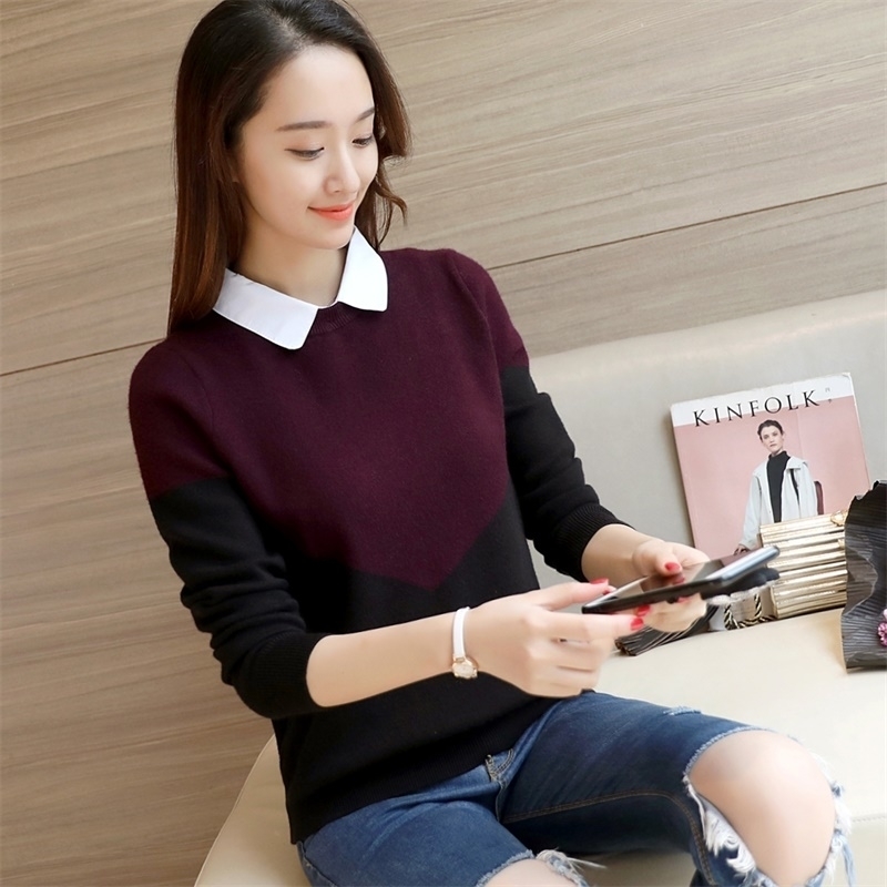 OHCLOTHING 2019 new Korean women's knitted color shirt shirt collar sweater T200319