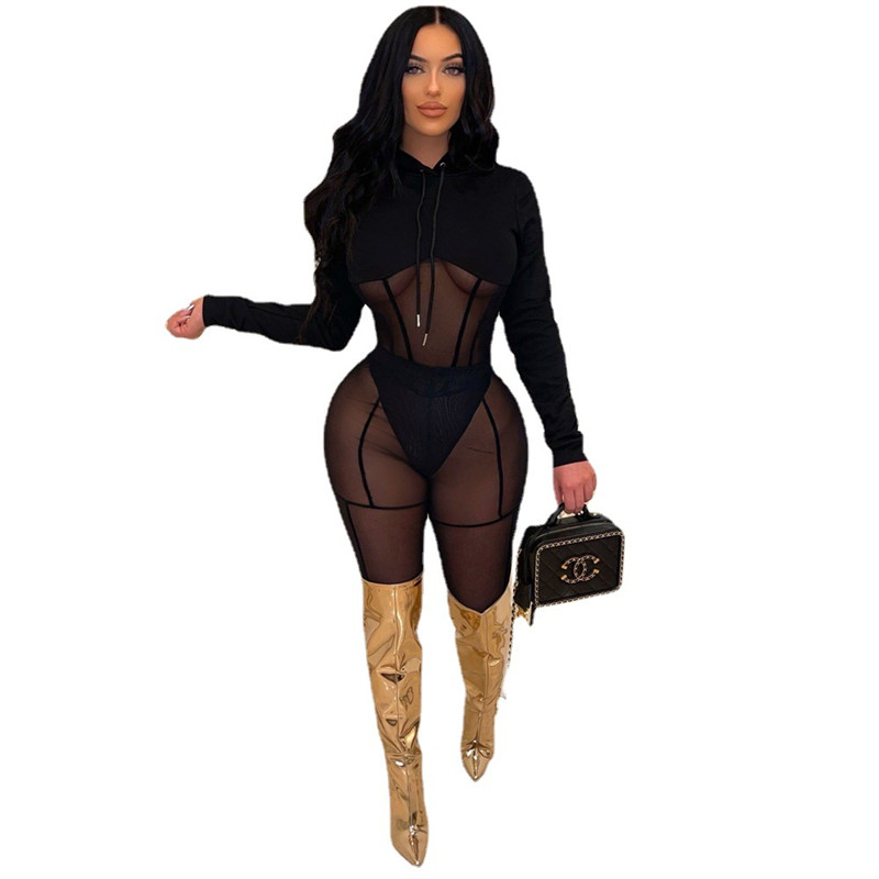New Sexy Women Tracksuits Mesh Two Piece Set Long Sleeve Pullover Top Pants Matching Sets Fashion See Through Outfits Fall Sheer Clothes Party night c