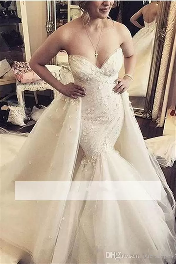 Gorgeous Mermaid Wedding Dresses Bride Gowns With Detachable Train Tulle Lace Applique Sweetheart Necke Custom Made Plus Size Vestido De Novia