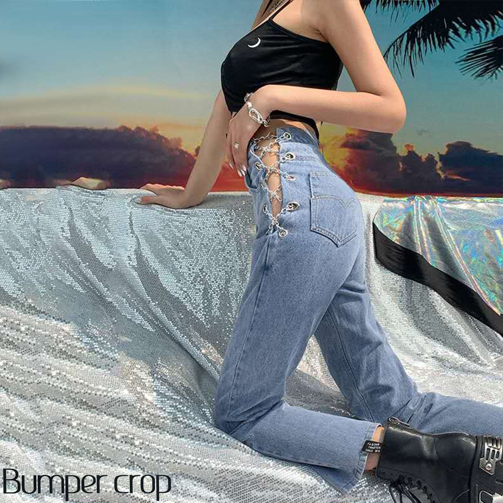 Bumpercrop Sexy Link Chain Boyfriend Women Hollow Out High Waisted Jeans Femme Denim Loose Ladies Pants Vintage Jean