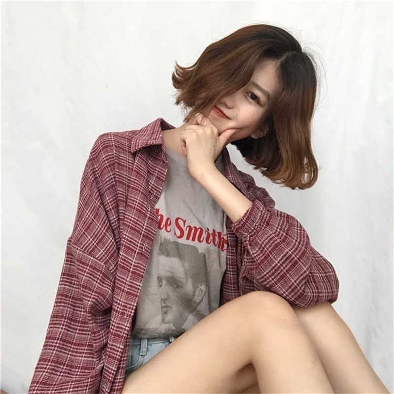Women's Shirts Tunic Japan Kawaii Ladies Retro Chic Pocket Split Plaid Shirt Casual Female Punk Harajuku Cute Clothes For Women T200322
